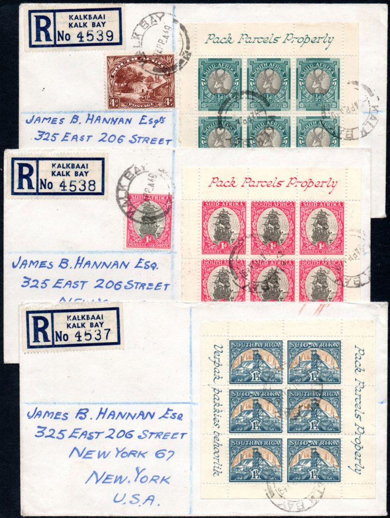 1949 ½d, 1d & 1½d booklet panes used on three reg’d covers to U.S.A ...