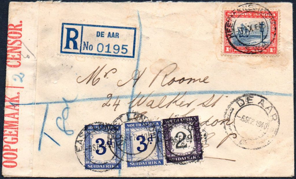POSTAGE DUE 1940 compulsory registered cover, taxed 8d, collected 2d