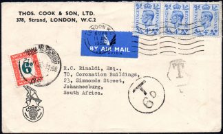 1952 airmail cover, taxed 6d