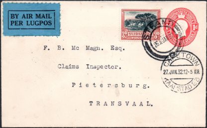 South Africa 1932 uprated airmailed postal stationery