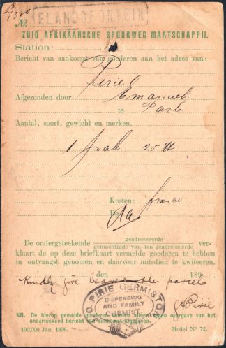 Transvaal 1899 Railway Parcel notification
