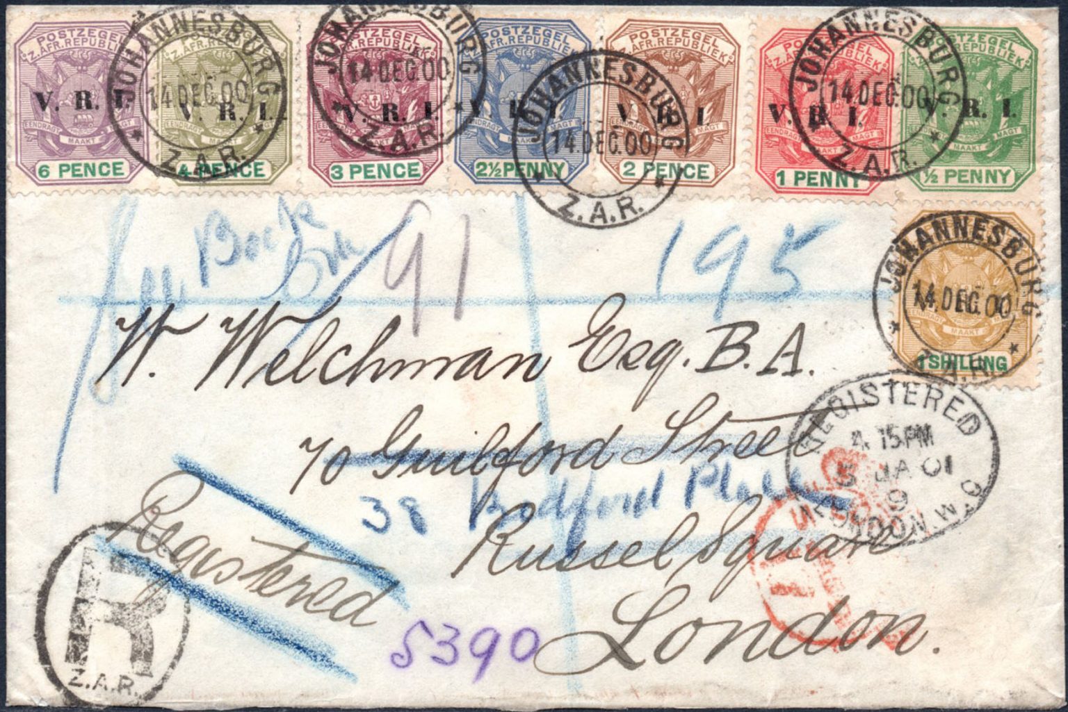 1900 registered cover with EIGHT stamp franking AfricaStamps.co.uk