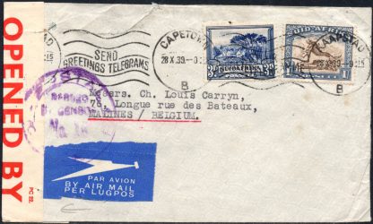South Africa 1939 cover to Belgium, POSTAL CENSORSHIP cachet