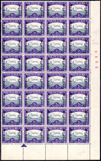 South Africa Official 1947-9, SG O36b, 2d slate & bright violet, block of 32