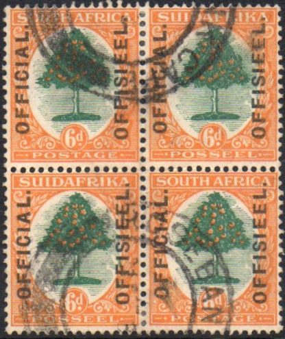 1927, SG O4, 6d green & orange, Pretoria printing block of four