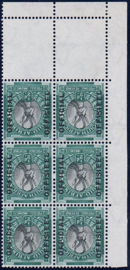 South Africa Official 1935-49, SG O20, ½d grey & green, corner marginal block of six