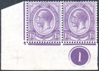 South Africa 1913-24 1s3d violet, plate 1 corner control pair of stamps