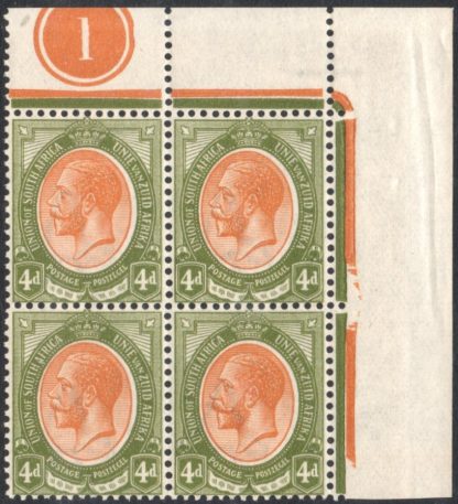 South Africa 1913-24 4d orange-yellow & sage-green, watermark inverted, plate 1 control block