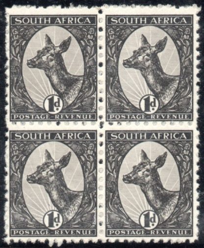 South Africa 1929 Booysen stamp Essay in black, perforated block of four